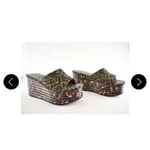 Fendi Brown FF Motif Logo Platform Wedge Mule Sandal Slide Peep Heel Pump 37.5